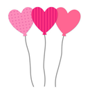 Three heart-shaped balloons with polka dot and striped patterns on a white background