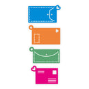 Set of colorful icon-like designs of wallets and postcards on a white background