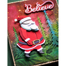 Christmas card with Santa Claus and 'Believe' text in a forest setting