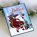 Christmas card with Santa Claus holding a bell and presents, set against a snowy background.