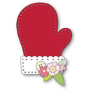 Red mitten-shaped decorative item with floral design on a white background