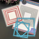 Decorative paper cutouts with lace-like borders in red, blue, and white on a dark surface.