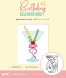 Metal die set packaging for a birthday celebration martini glass design on a light yellow background.