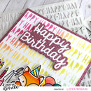 Colorful birthday card with 'Happy Birthday' text and cartoon fox, featuring Heffy Doodle branding.