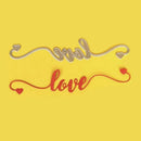 Decorative text 'love' on a yellow background with heart symbols.