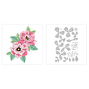 Floral design on the left and metal cutting dies on the right against a white background