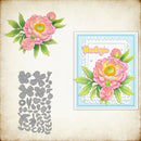 Floral design set with pink peony, die-cut shapes, and a 'Thank you' card on a textured background.