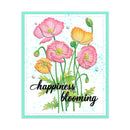 Card with colorful flowers and 'happiness blooming' text on a white background