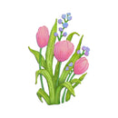 Illustration of pink tulips with green leaves on a white background
