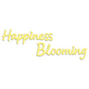 Yellow text 'Happiness Blooming' on a white background