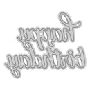 Metallic 'Happy Birthday' cutting die on a white background