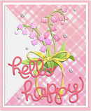 Card with pink flowers, green leaves, and 'Hello Happy' text on a pink plaid background.