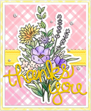 Card with floral design and 'thanks you' text on a pink plaid background