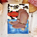 Birthday card with cowboy boots and jeans design on a decorative background