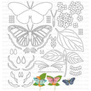 Set of butterfly and leaf cutouts with assembled samples on a white background