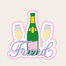 Illustration of a champagne bottle and two glasses with the word 'Friend' on a light pink background.
