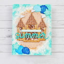 Summer-themed card with beach huts and 'summer' text on a light wooden background