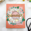 Handmade card with 'Summer Sending Good Vibes' text on a pink background, surrounded by decorative elements.