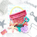 Colorful sand bucket with summer-themed text and decorative elements on a white background
