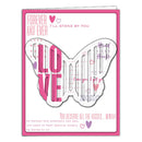 Greeting card with butterfly design and romantic text on a white background
