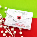 Gift tag with 'No Peeking! To: From Santa Claus' text on a green and red background with white berries.