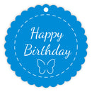 Blue circular tag with 'Happy Birthday' text and a butterfly illustration on a white background