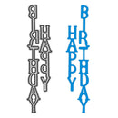 Two decorative cutouts with 'Happy Birthday' text, one in gray and one in blue, on a white background.