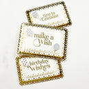 Three decorative birthday cards with gold text and embellishments on a white background