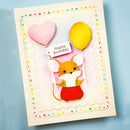 Birthday card with a cute animal design holding balloons on a blue background