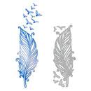 Metallic blue and silver feather-shaped cutting dies with small bird illustrations on a white background.