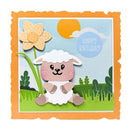 Children's birthday card with a cute cartoon lamb, daffodil, and 'Happy Birthday' text on a colorful background.