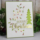 Christmas card with gold text 'Merry Christmas' and festive decorations on a white background.