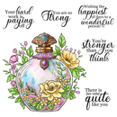 Decorative bottle with flowers and motivational quotes on a white background