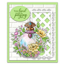 Decorative card with a floral potion bottle design and motivational text on a green and white checkered background.