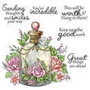 Decorative bottle with flowers and motivational phrases on a white background