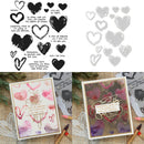Heart-themed stamp set, dies, and stamped cards on a wooden surface.