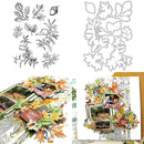 Set of metal dies and stamps with leaf designs and a scrapbooking layout.