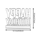 Metallic 'Happy Birthday' cutout with dimensions on a white background