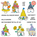 Set of colorful cartoon gnomes with various hats and accessories, each with a different message.