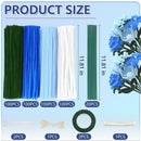 Set of floral foam sticks with measurements and flower arrangement on a blue background