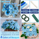Collage of blue floral arrangements with craft materials and product details.