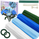 Floral arrangement kit with blue, green, and white sticks on a white background
