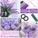 Collage of purple flowers with craft materials and text on a white background