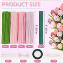 Product size chart with floral foam, wires, and a bouquet of flowers on a white background.