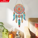 Colorful dreamcatcher wall decoration in a living room setting.