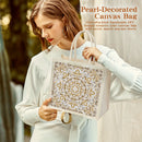 Woman holding a pearl-decorated canvas bag with text about the product.