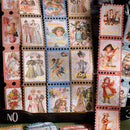Collection of vintage-style cards with illustrations and text on a black background