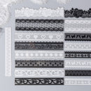 Collection of black and white lace trim patterns on a gray background