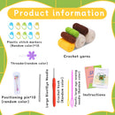Product information for crochet supplies including yarn, stitch markers, a threader, and other tools on a white background.