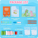 Package list for a DIY craft kit with crochet supplies on a blue background